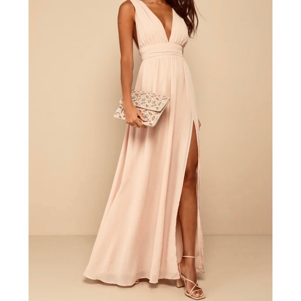 Lulus Heavenly Hues Blush Pink V Neck Sleeveless Flowy Slit Maxi Dress M